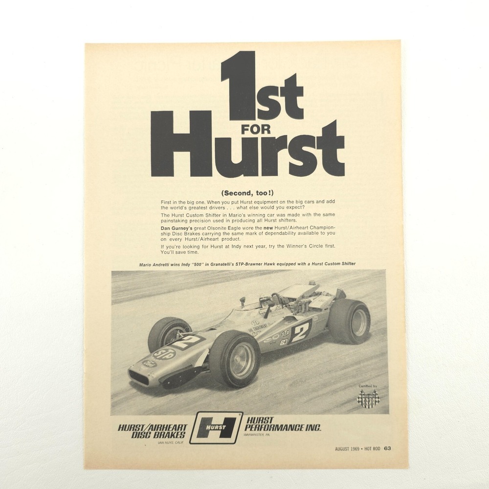 VTG Hurst 1969 STP Brawner Hawk Advertising Print Ad Mario Andretti Indy Car